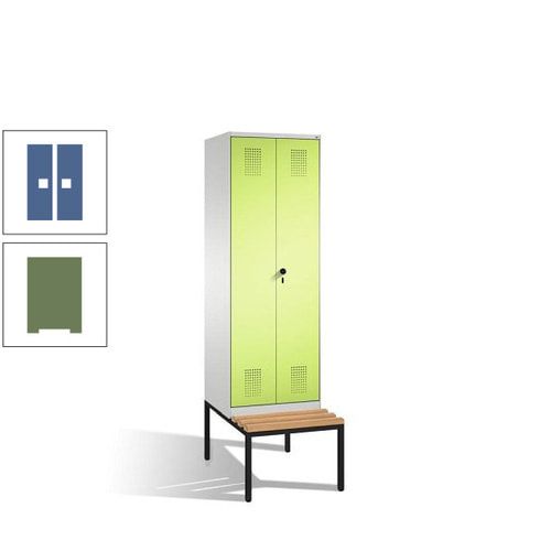 Doppel-Spind, Garderobenschrank, Buche Sitzbank untergebaut, 2 Abteile a 300 mm, Korpus anthrazitgrau, Tür anthrazitgrau, 2.090 x 600 x 815 mm (HxBxT)