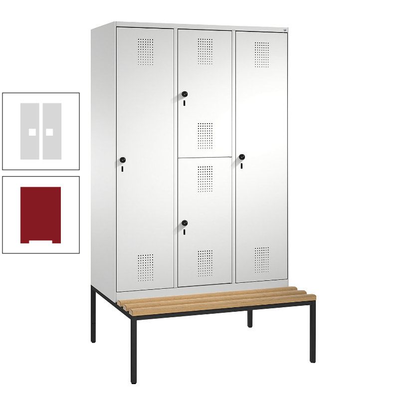Garderobenschrank, Spind ein- und doppelstöckig Sitzbank, 3 Abteile, 4 Fächer, 2.090x1.200x500 mm (HxBxT), Front anthrazitgrau, Korpus anthrazitgrau