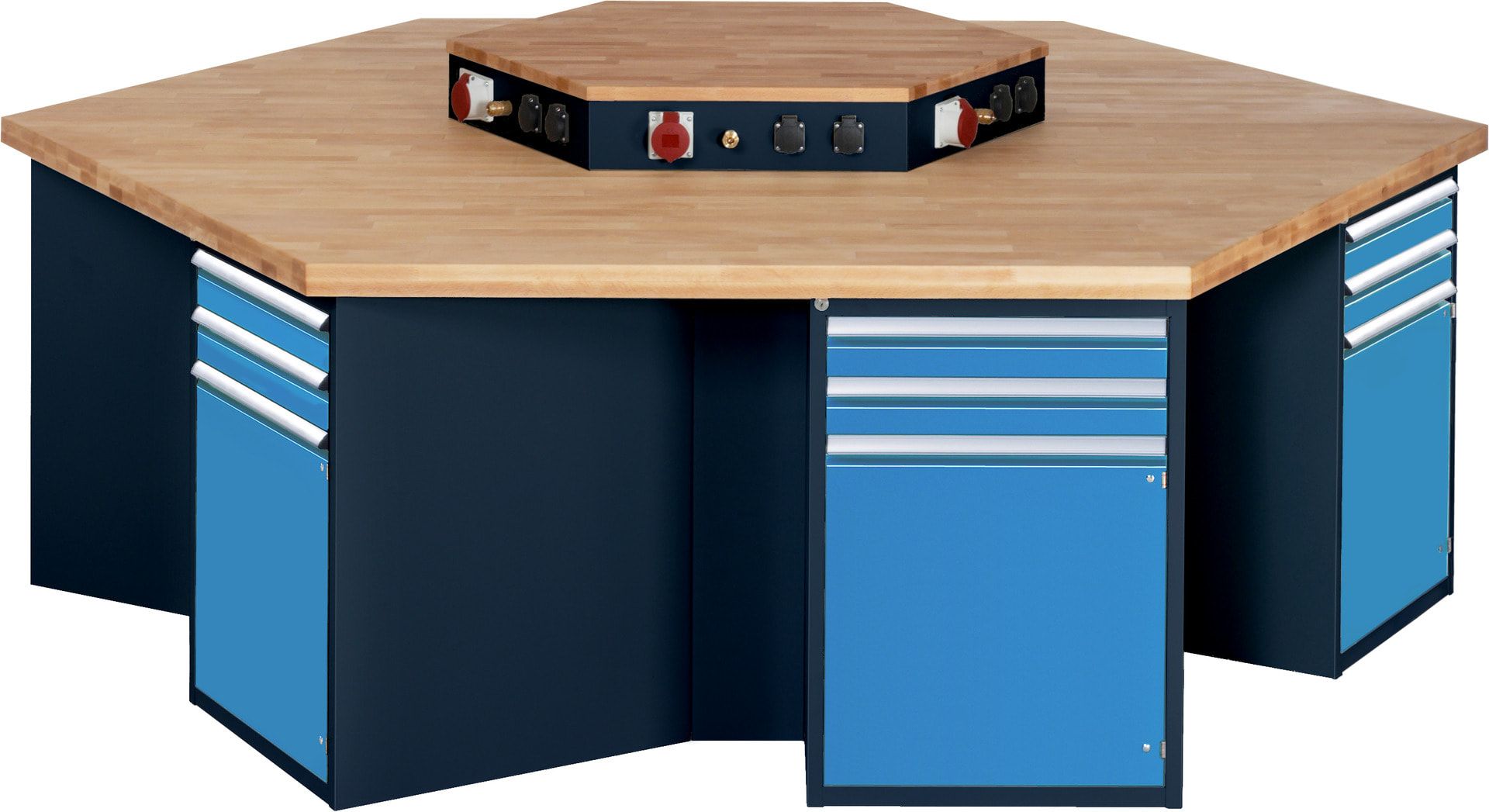 Gruppenwerkbank, Buche, Höhe 840 mm, mit Energieaufsatz, Unterbau-Container, 2 Schubladen, 1 Tür, 1 Boden - Anthrazitgrau