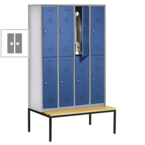 Garderobenschrank, Spind, 4 Abteile 8 Fächer, 2.090 x 1.190 x 815 mm (HxBxT), Hartholz Sitzbank untergebaut, Korpus anthrazitgrau, Türen anthrazitgrau