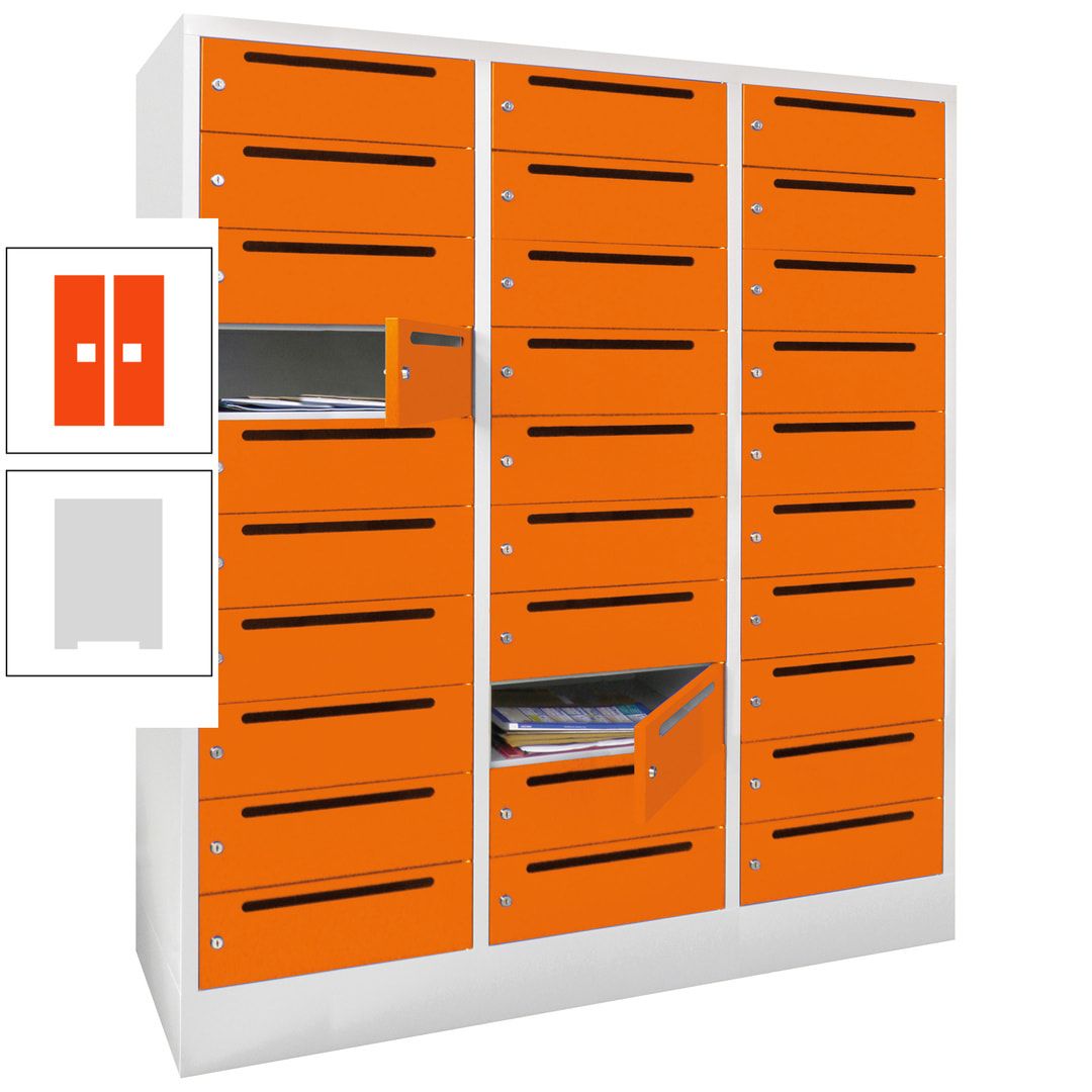 Postverteilerschrank, Schließfachschrank, 3 Abteile a 40 cm, 30 Fächer, 1.850 x 1.200 x 500 mm (HxBxT), Korpus anthrazitgrau, Front anthrazitgrau
