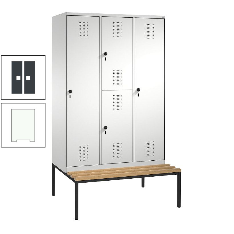 Garderobenschrank, Spind ein- und doppelstöckig Sitzbank, 3 Abteile, 4 Fächer, 2.090x1.200x500 mm (HxBxT), Front anthrazitgrau, Korpus anthrazitgrau