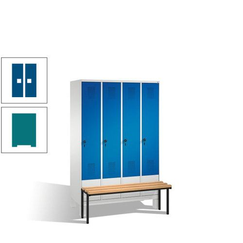 Stahl-Garderobenschrank, Spind, Buche Sitzbank vorgebaut, 4 Abteile a 300 mm, Korpus Lichtgrün, Tür Schwefelgelb, 1.850 x 1.200 x 815 mm (HxBxT)