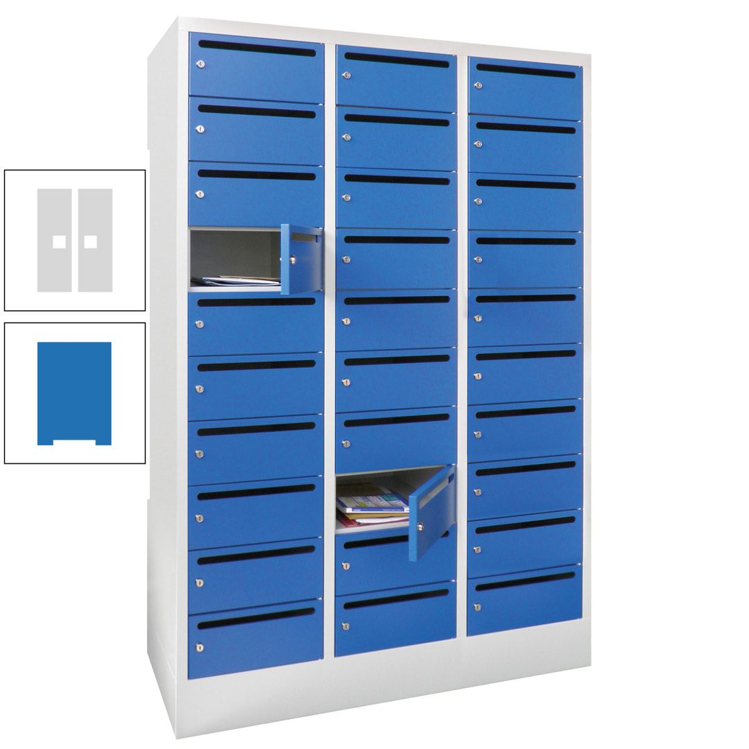 Postverteilerschrank, Schließfachschrank, 3 Abteile a 300 mm, 30 Fächer, 1.850 x 900 x 500 mm (HxBxT), Korpus anthrazitgrau, Front anthrazitgrau