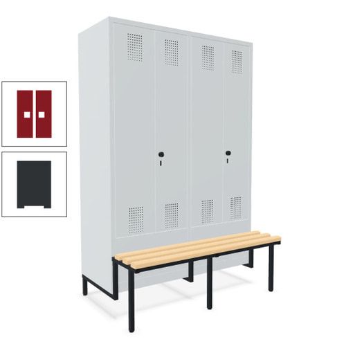 Doppel-Spind, Garderobenschrank, Buche Sitzbank integriert, 4 Abteile 300 mm, Korpus anthrazitgrau, Tür anthrazitgrau, 1.850 x 1.200 x 815 mm (HxBxT)
