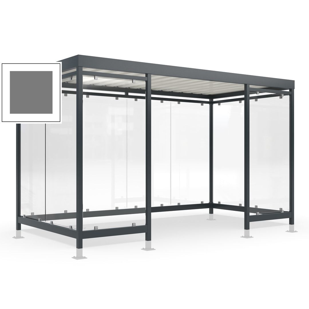 Raucherunterstand für 12-13 Personen, Bushaltestelle, mit Überpflasterung, 2.440 x 4.195 x 2.165 mm (HxBxT), 10 Wände, Achatgrau