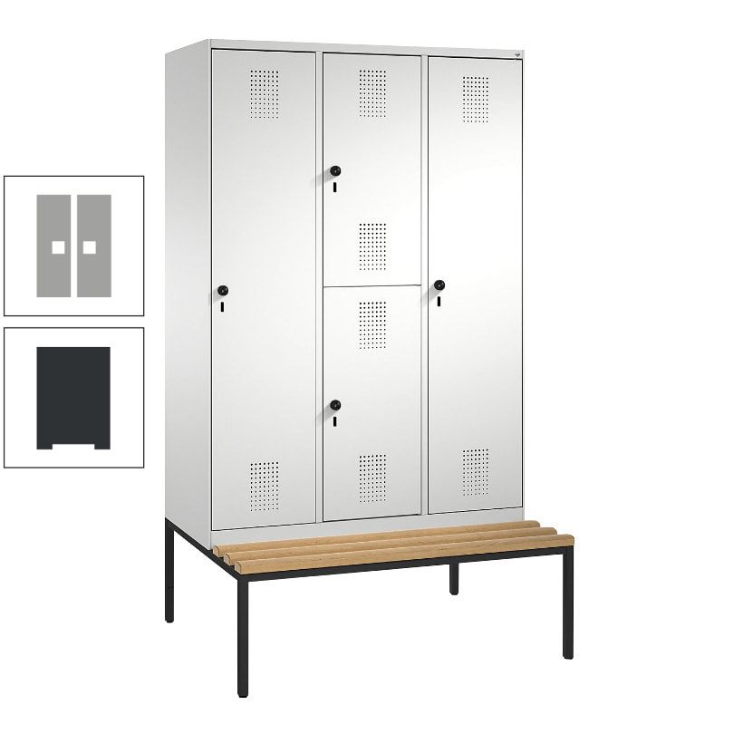 Garderobenschrank, Spind ein- und doppelstöckig Sitzbank, 3 Abteile, 4 Fächer, 2.090x1.200x500 mm (HxBxT), Front anthrazitgrau, Korpus anthrazitgrau