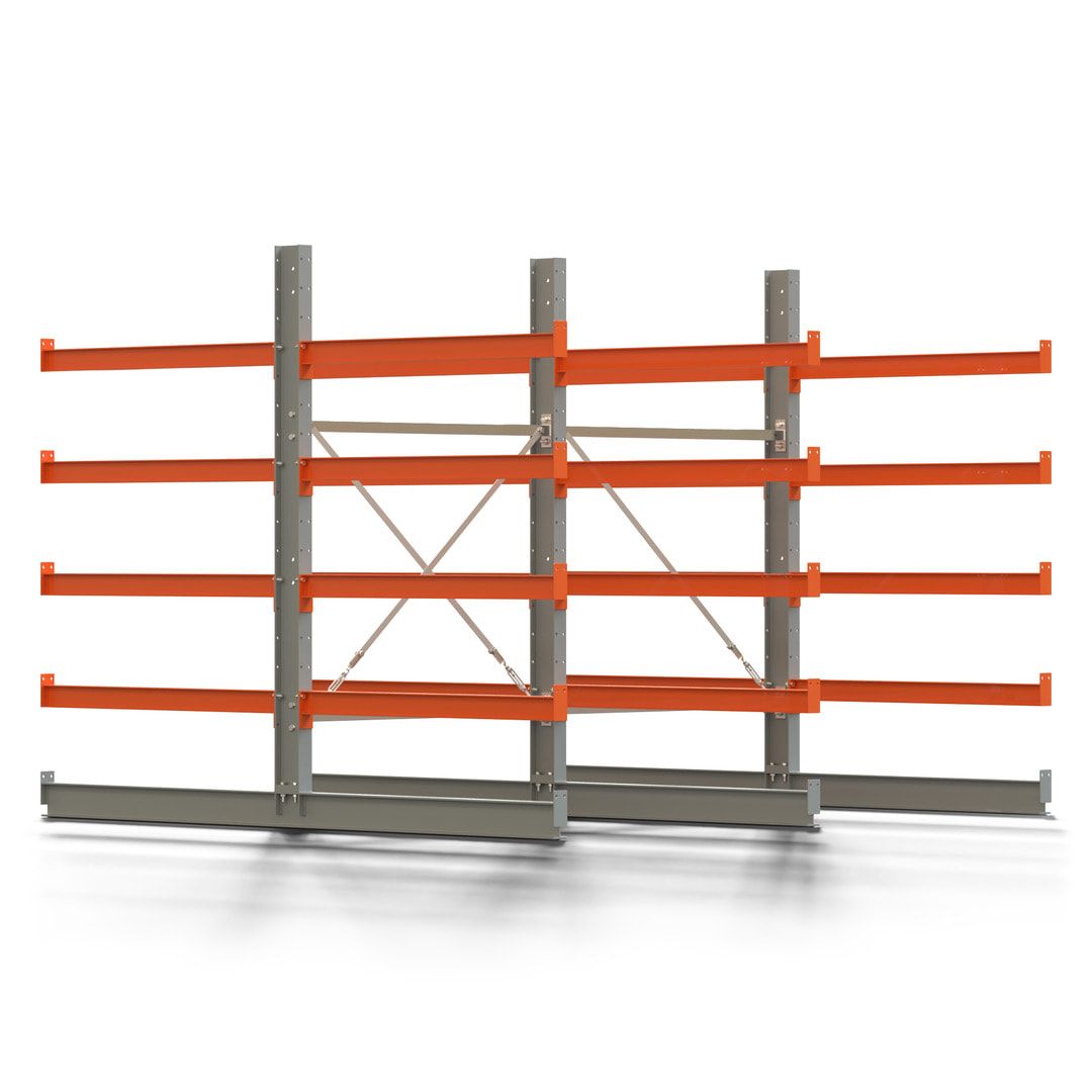 Doppelseitiges Kragarmregal, 2 Felder, 2.000 x 2.560 x 1.120 mm (HxBxT), Nutztiefe 500 mm, Kragarmlast 870 kg, KARL basic, silbergrau/reinorange