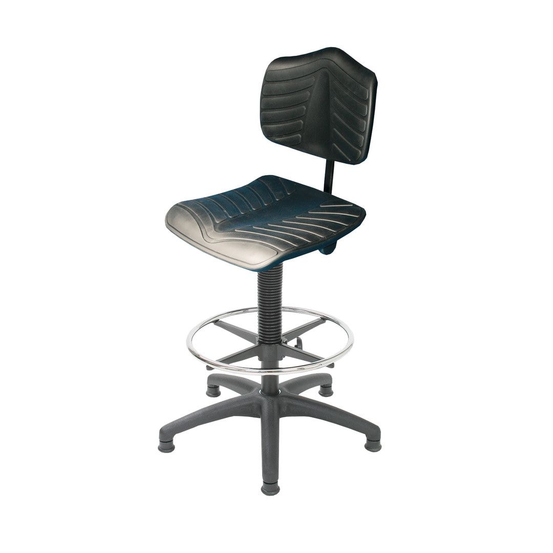 Arbeitsstuhl - ergonomische Polster - Fußring - Sitzhöhe 530-790 mm - PU supersoft, schwarz - Kunststoff Fußkreuz - Gleiter