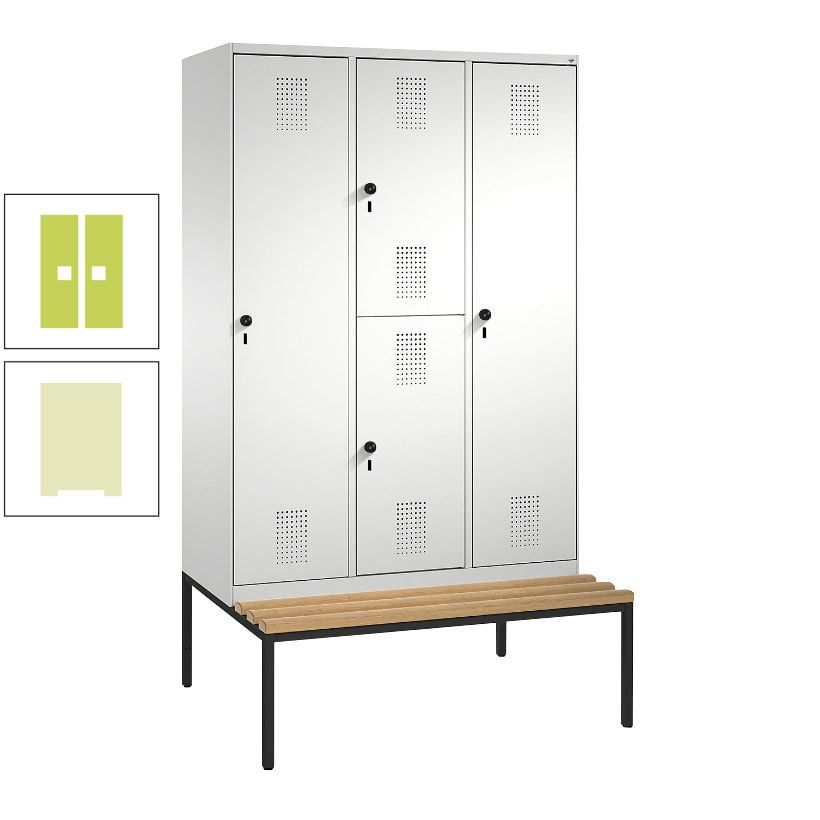 Garderobenschrank, Spind ein- und doppelstöckig Sitzbank, 3 Abteile, 4 Fächer, 2.090x1.200x500 mm (HxBxT), Front anthrazitgrau, Korpus anthrazitgrau