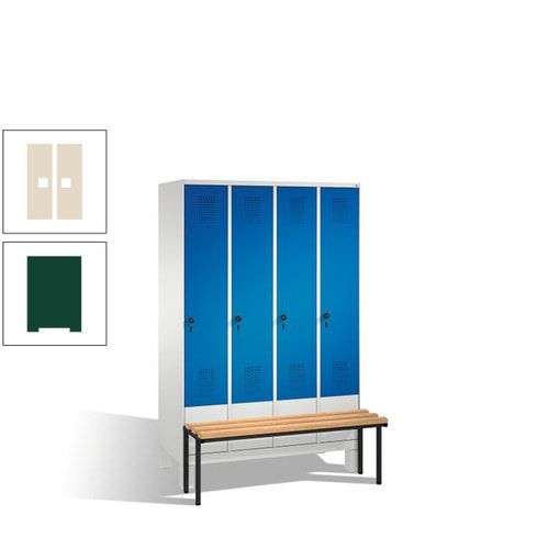 Stahl-Garderobenschrank, Spind, Buche Sitzbank vorgebaut, 4 Abteile a 300 mm, Korpus Lichtgrün, Tür Schwefelgelb, 1.850 x 1.200 x 815 mm (HxBxT)