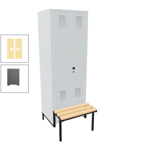 Doppel-Spind, Garderobenschrank, Buche Sitzbank integriert, 2 Abteile a 400 mm, Korpus anthrazitgrau, Tür anthrazitgrau, 1.850 x 800 x 815 mm (HxBxT)