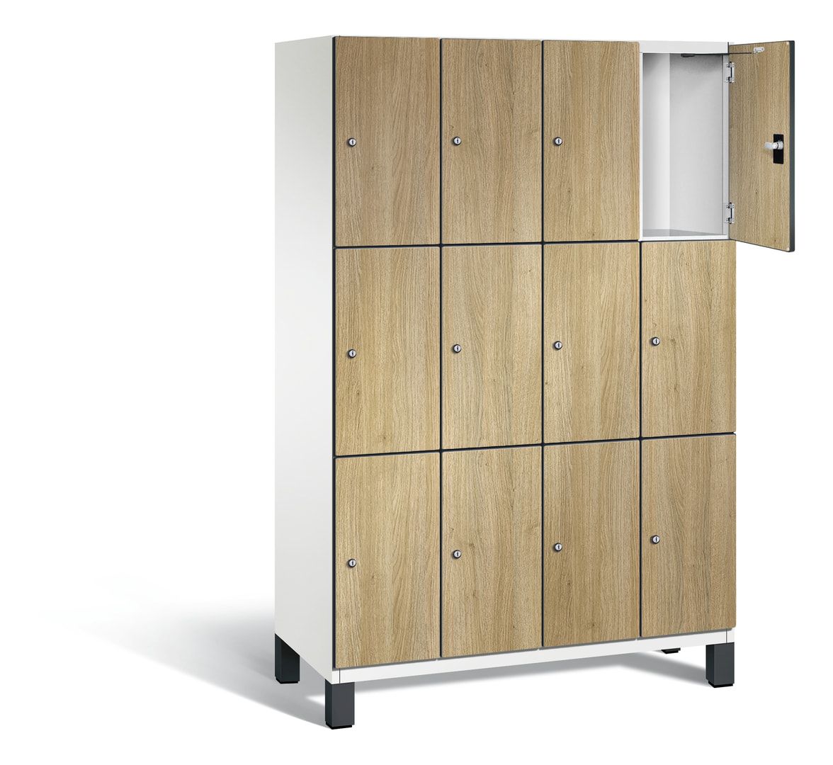 Fächerschrank, Stahlschrank, 12 Fächer, Türöffnungsbegrenzer, Füße, Korpus anthrazitgrau, Dekorfront HPL Donau-Ahorn, 1.980 x 1.200 x 525 mm (HxBxT)