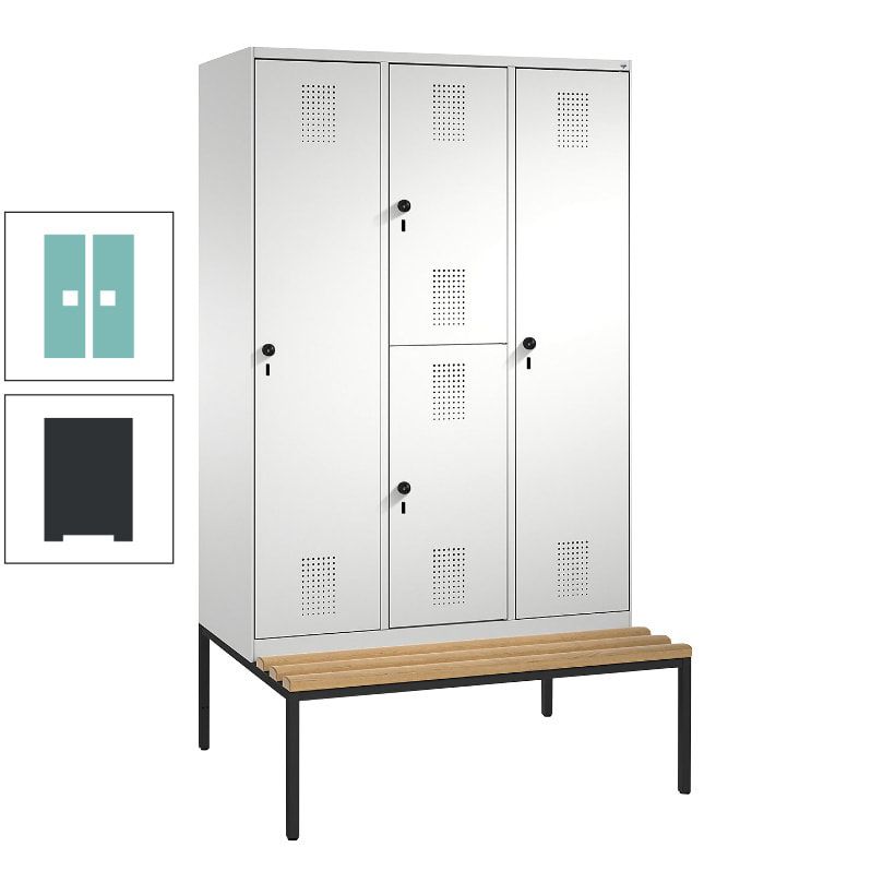 Garderobenschrank, Spind ein- und doppelstöckig Sitzbank, 3 Abteile, 4 Fächer, 2.090x1.200x500 mm (HxBxT), Front anthrazitgrau, Korpus anthrazitgrau