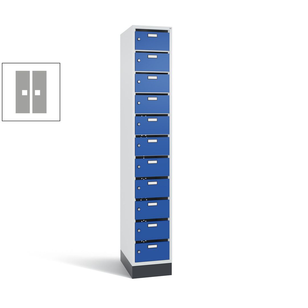Postverteilerschrank, Schließfachschrank, mit Sockel, 11 Fächer, 1.950 x 320 x 500 mm (HxBxT), Korpus lichtgrau, Tür anthrazitgrau