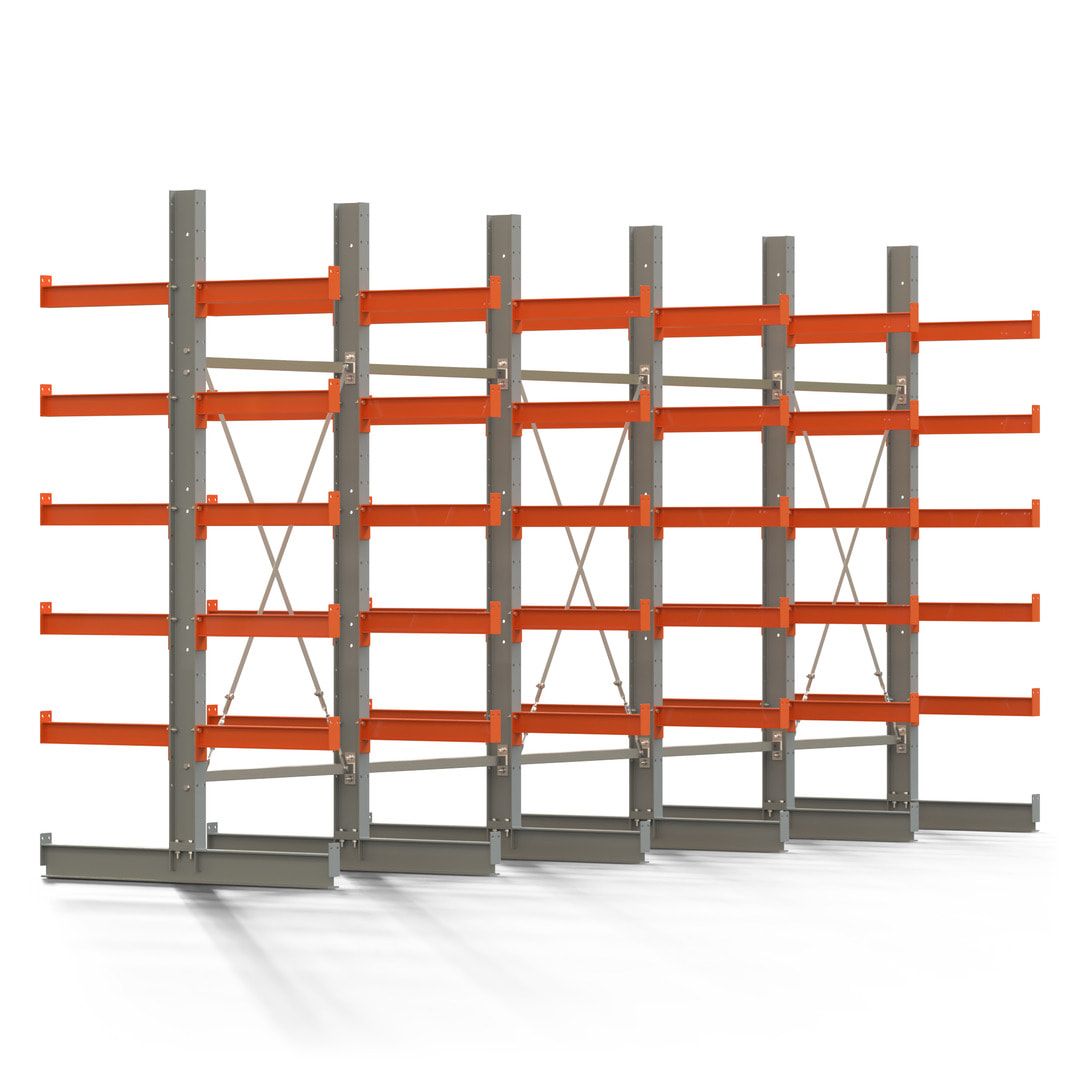 Doppelseitiges Kragarmregal, 2 Felder, 2.500 x 2.000 x 1.120 mm (HxBxT), Nutztiefe 500 mm, Kragarmlast 870 kg, KARL basic, silbergrau/reinorange