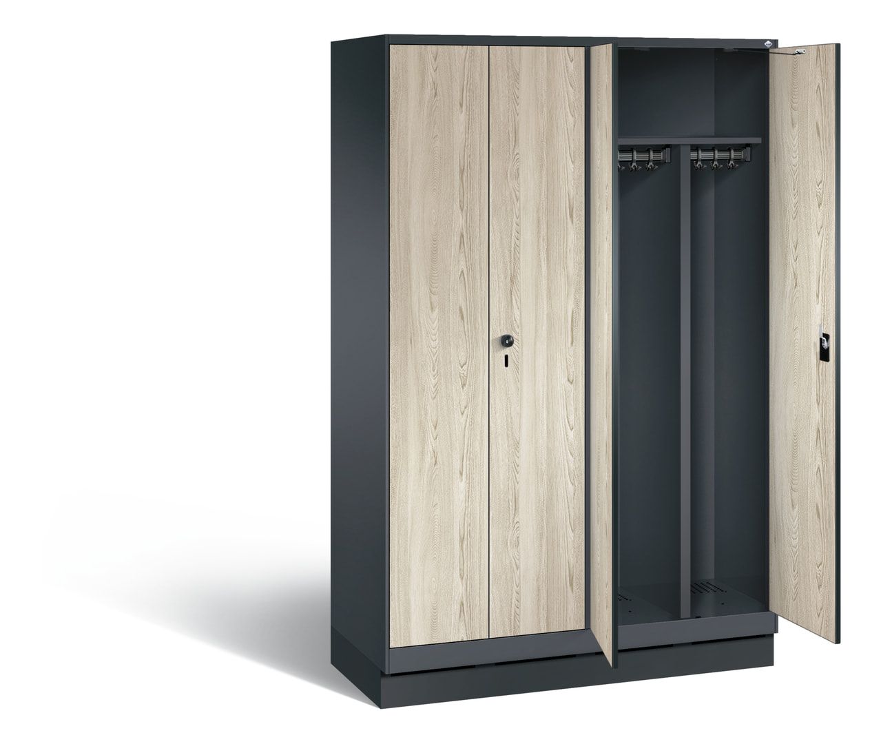 Doppel-Spind, Garderobenschrank auf Sockel, 2 Abteile a 300 mm, Korpus anthrazitgrau, Tür Dekorfront HPL Donau-Ahorn, 1.800 x 1.200 x 500 mm (HxBxT)