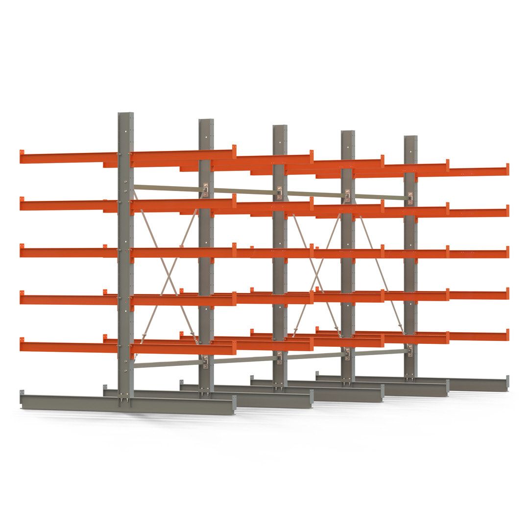 Doppelseitiges Kragarmregal, 2 Felder, 2.500 x 2.560 x 1.120 mm (HxBxT), Nutztiefe 500 mm, Kragarmlast 870 kg, KARL basic, silbergrau/reinorange