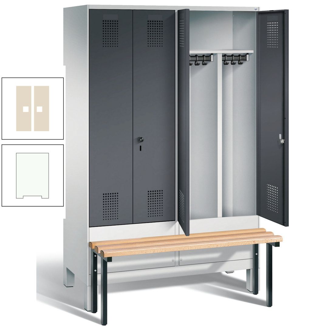 Doppel-Spind, Garderobenschrank, Buche Sitzbank vorgebaut, 4 Abteile a 300 mm, Korpus feuerrot, Tür Wasserblau, 1.850 x 1.200 x 815 mm (HxBxT)