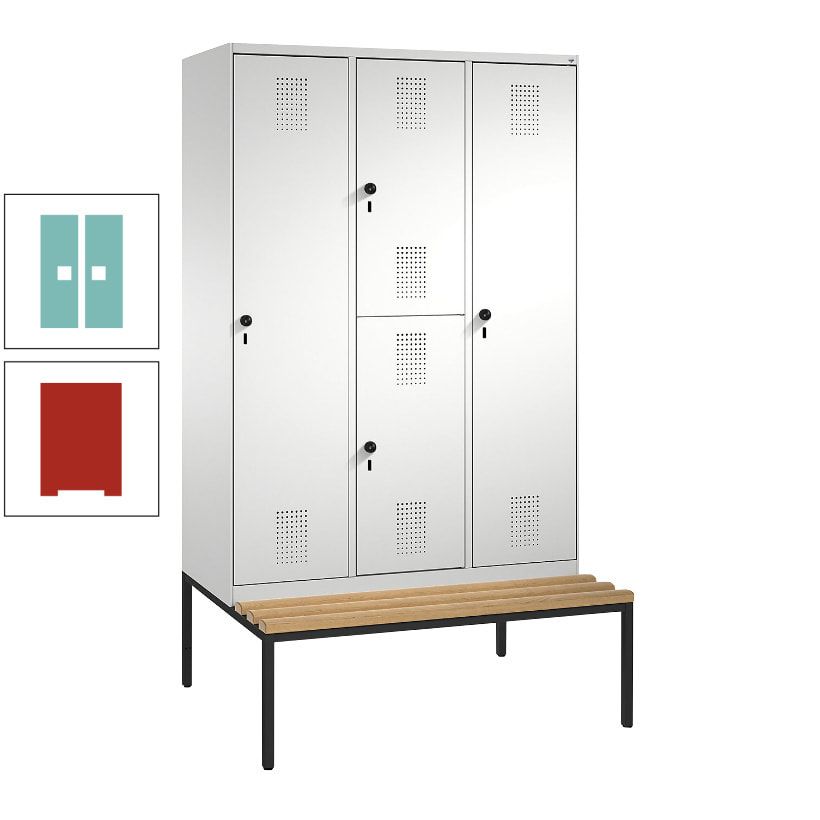 Garderobenschrank, Spind ein- und doppelstöckig Sitzbank, 3 Abteile, 4 Fächer, 2.090x1.200x500 mm (HxBxT), Front anthrazitgrau, Korpus anthrazitgrau