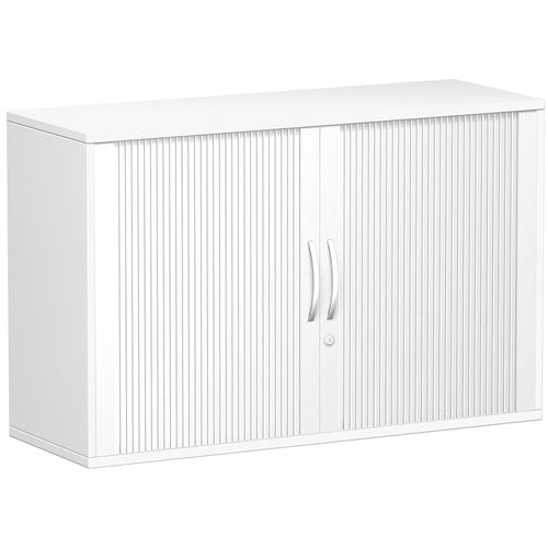 Anstell-Querrollladenschrank, 2 Ordnerhöhen, Schloss, Bogengriff,1 Fachboden, 720 x 1.200 x 425 mm(HxBxT), Rollladen silber, Korpusfarbe Nussbaum