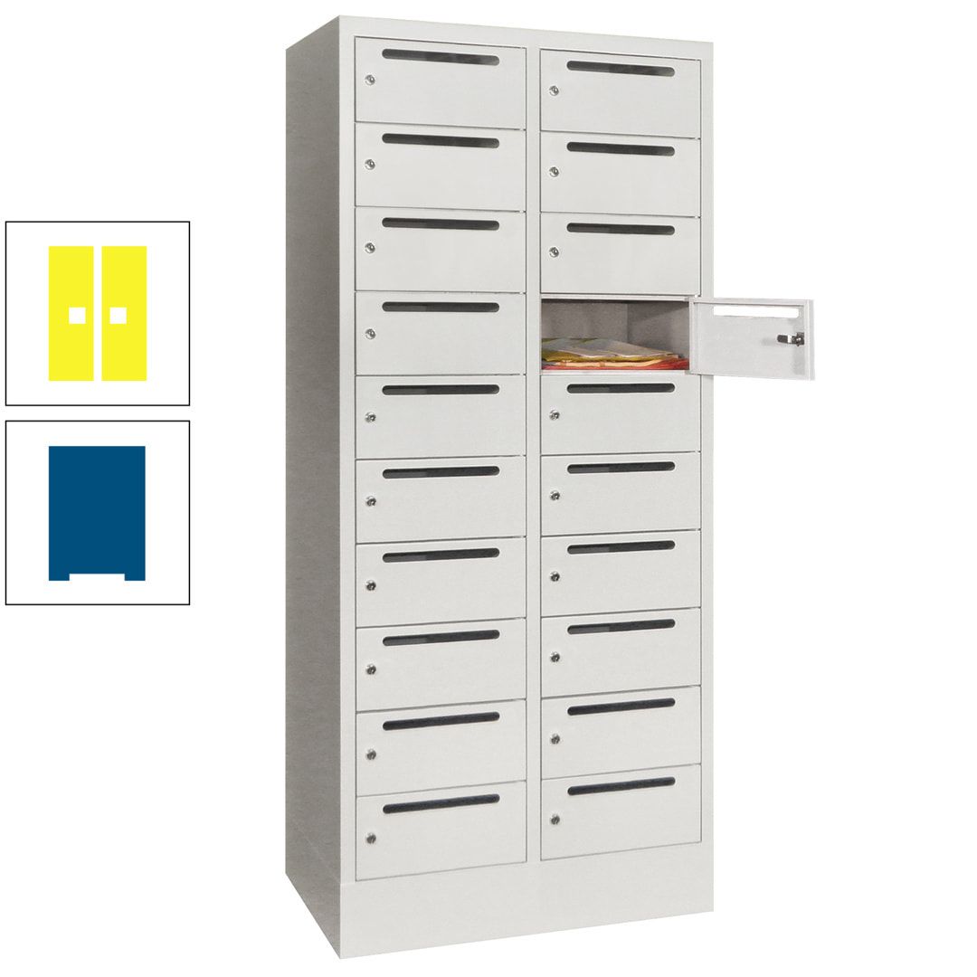 Postverteilerschrank, Schließfachschrank, 2 Abteile a 400 mm, 20 Fächer, 1.850 x 800 x 500 mm (HxBxT), Korpus anthrazitgrau, Front anthrazitgrau