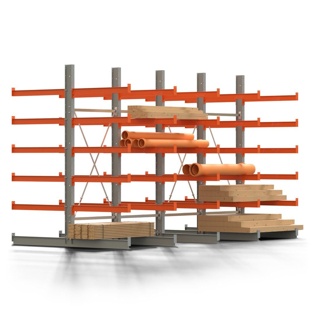 Doppelseitiges Kragarmregal, 2 Felder, 2.500 x 2.000 x 1.120 mm (HxBxT), Nutztiefe 500 mm, Kragarmlast 870 kg, KARL basic, silbergrau/reinorange