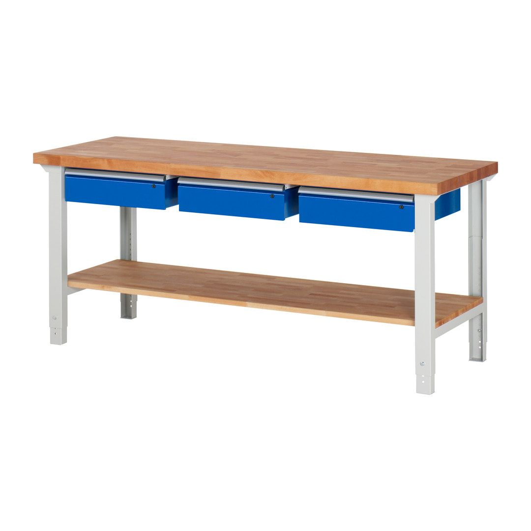 Werkbank mit Ablage - 3 Schubladen - 150:3 - höhenverstellbar 790 - 1.140 mm - 2.000 x 700 mm (BxT) - 750 kg - Buche - Anthrazitgrau