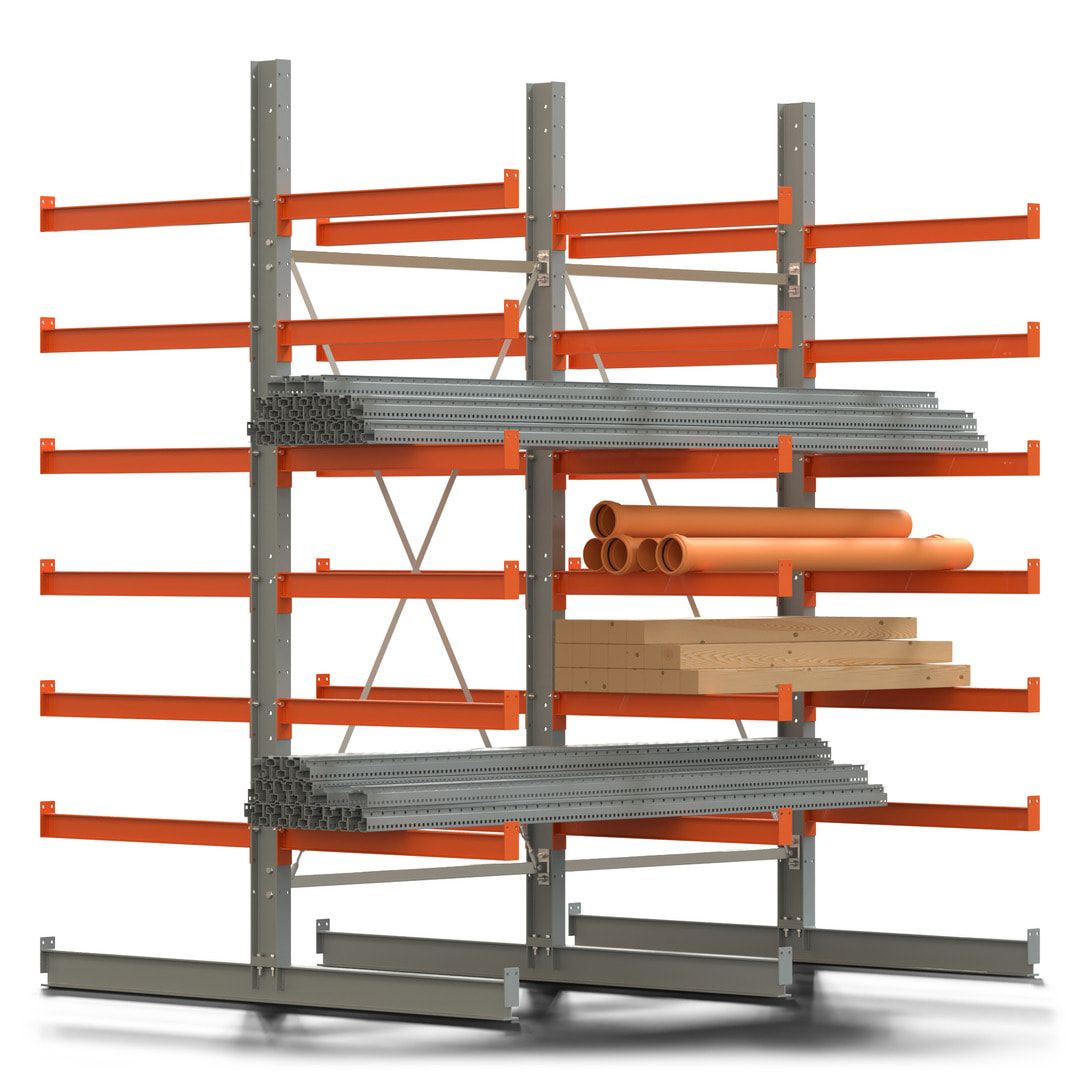 Doppelseitiges Kragarmregal, 2 Felder, 3.000 x 2.560 x 1.120 mm (HxBxT), Nutztiefe 500 mm, Kragarmlast 870 kg, KARL basic, silbergrau/reinorange