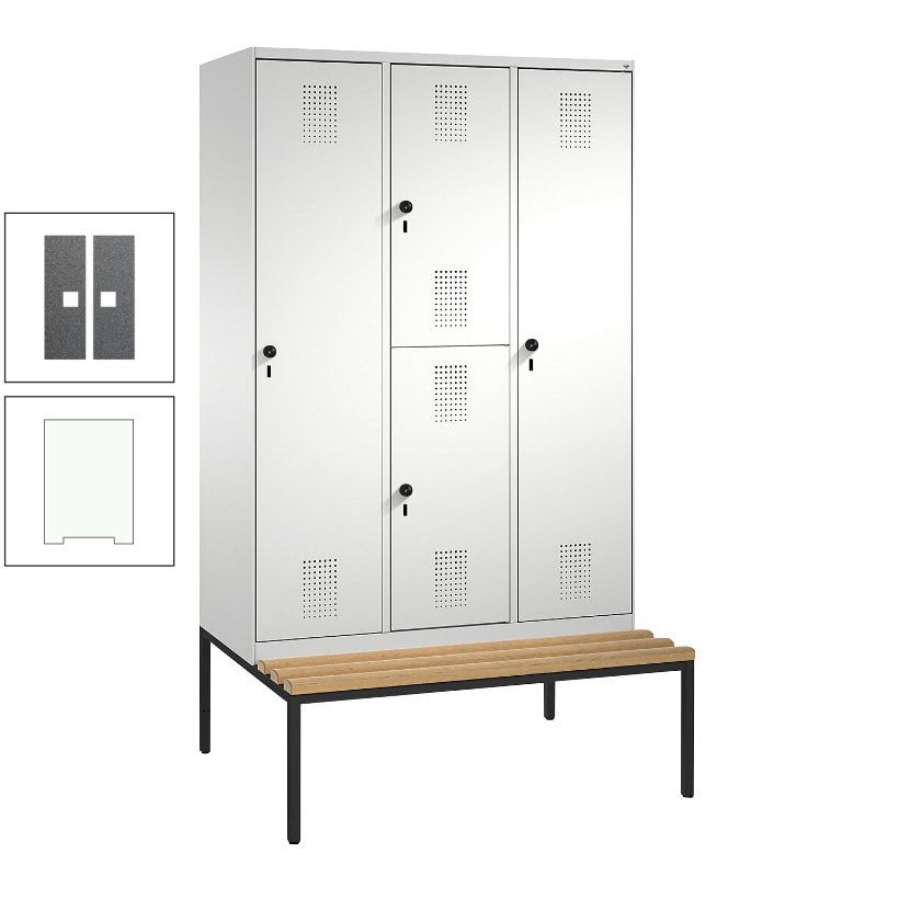 Garderobenschrank, Spind ein- und doppelstöckig Sitzbank, 3 Abteile, 4 Fächer, 2.090x1.200x500 mm (HxBxT), Front anthrazitgrau, Korpus anthrazitgrau