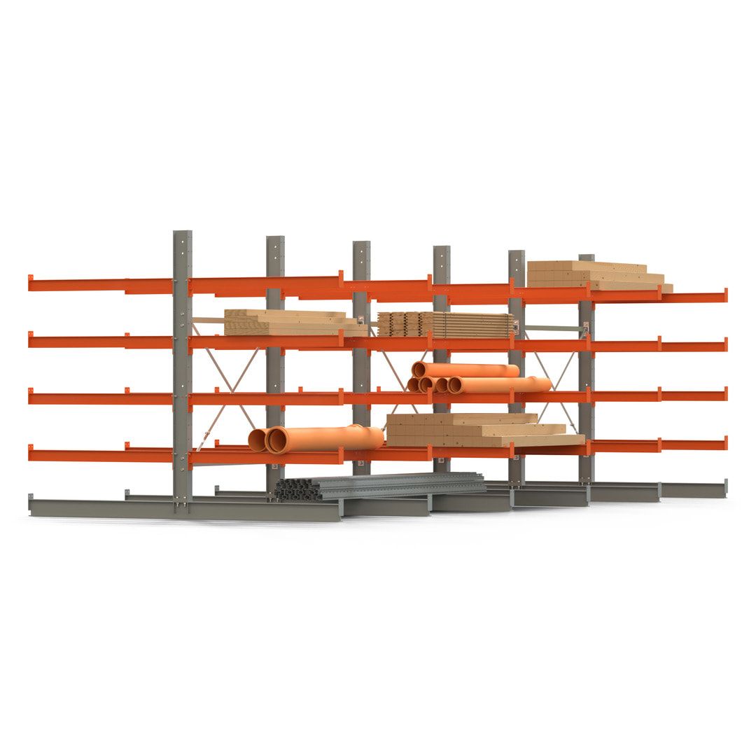 Doppelseitiges Kragarmregal, 2 Felder, 2.000 x 2.560 x 1.120 mm (HxBxT), Nutztiefe 500 mm, Kragarmlast 870 kg, KARL basic, silbergrau/reinorange