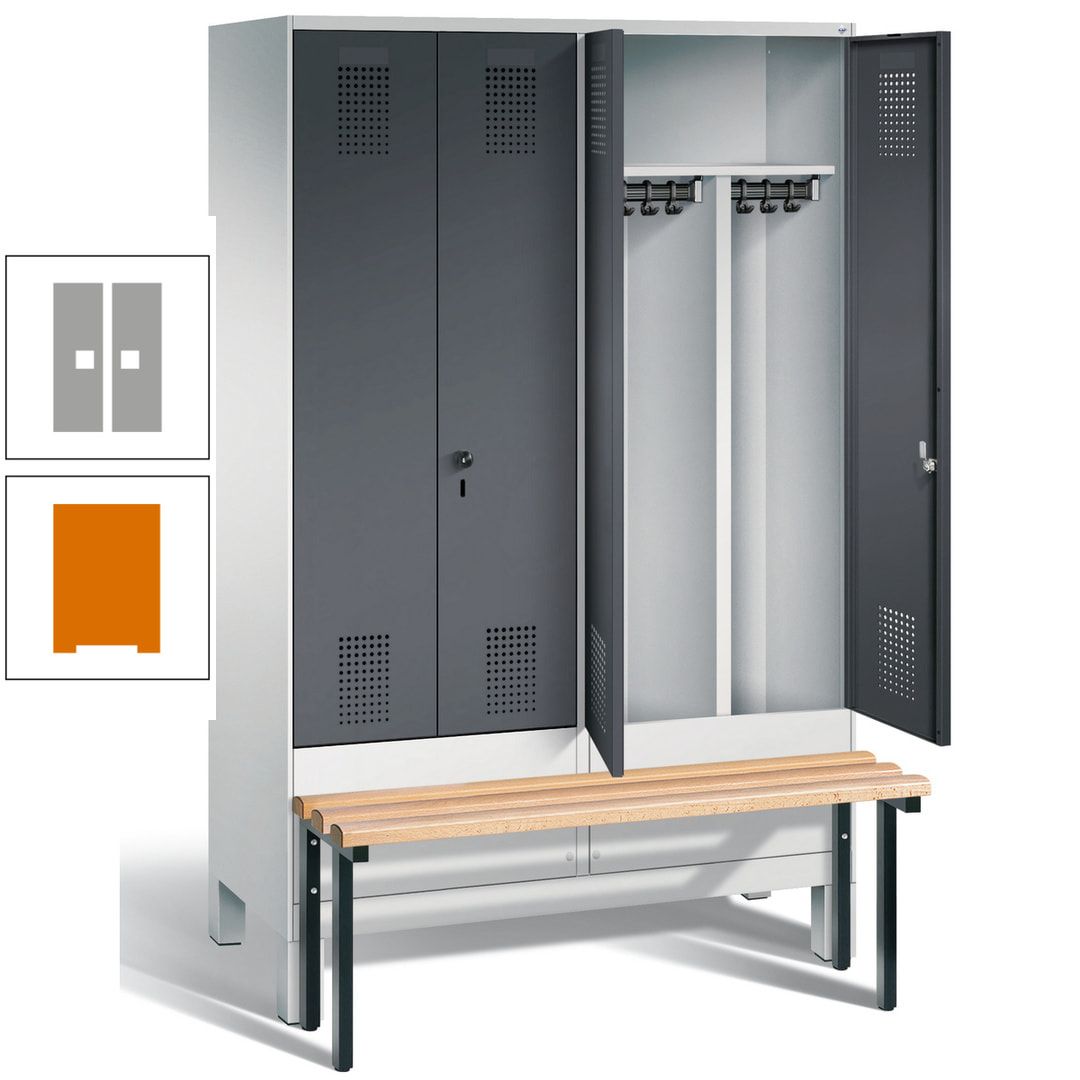 Doppel-Spind, Garderobenschrank, Buche Sitzbank vorgebaut, 4 Abteile a 300 mm, Korpus feuerrot, Tür Wasserblau, 1.850 x 1.200 x 815 mm (HxBxT)