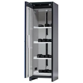 Sicherheitsschrank f.Li-Ion-Batterien, Anthrazitgrau/Enzianblau, 1.953 x 599 x 615 mm (HxBxT), Steckdosen, 4 Fachböden, Auffangwanne, Alarmkontakt