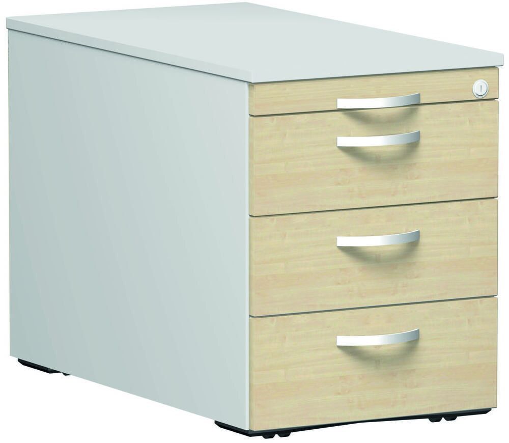 Rollcontainer, 3 Metallschubladen, Utensilienfach, Zentralverriegelung, 565 x 438 x 800 mm (HxBxT), Frontfarbe Ahorn, Korpusfarbe Buche