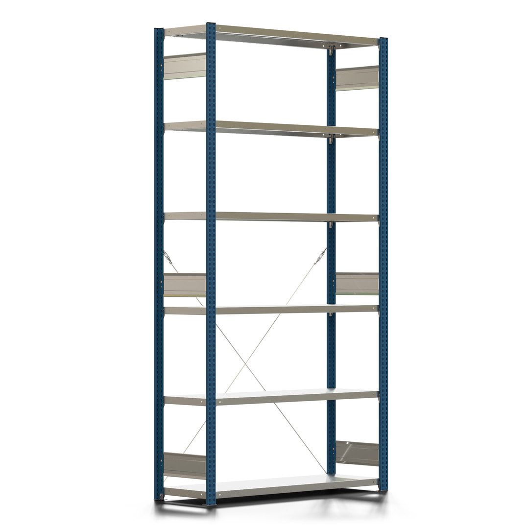 Fachbodenregal mit Tiefenriegel - 350 kg - 2.500 x 1.285 x 426 mm (HxBxT) - Anbauregal - 6 Böden - enzianblau - Lagerregal - Steckregal BERT