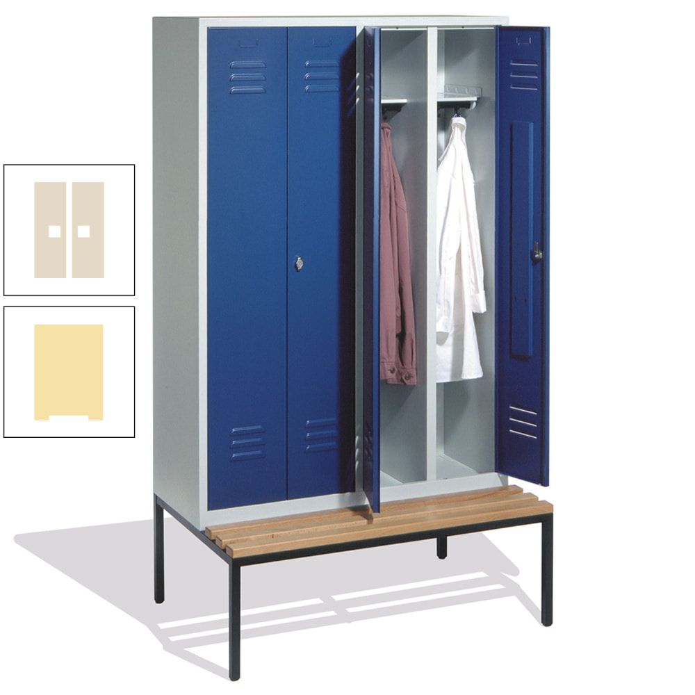 Doppel-Spindschrank, Buche Sitzbank untergebaut, 4 Abteile a 300 mm, Korpus lichtgrau, Tür anthrazitgrau, 2.090 x 1.190 x 815 mm (HxBxT)