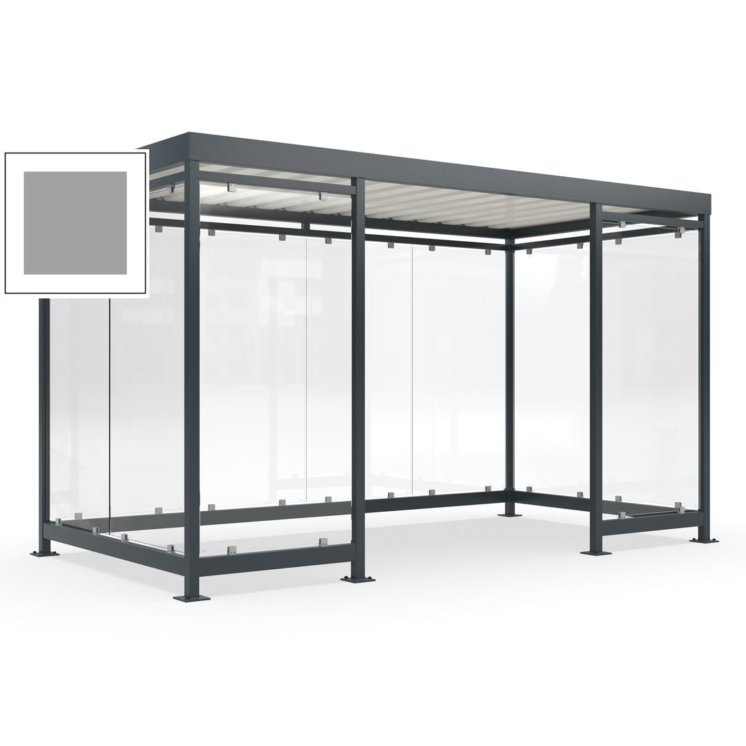 Fahrgastunterstand, Raucherunterstand, fertig montiert, Aufdübeln, 12-13 Personen, 2.510 x 4.195 x 2.165 mm (HxBxT), 10 Wände, Achatgrau