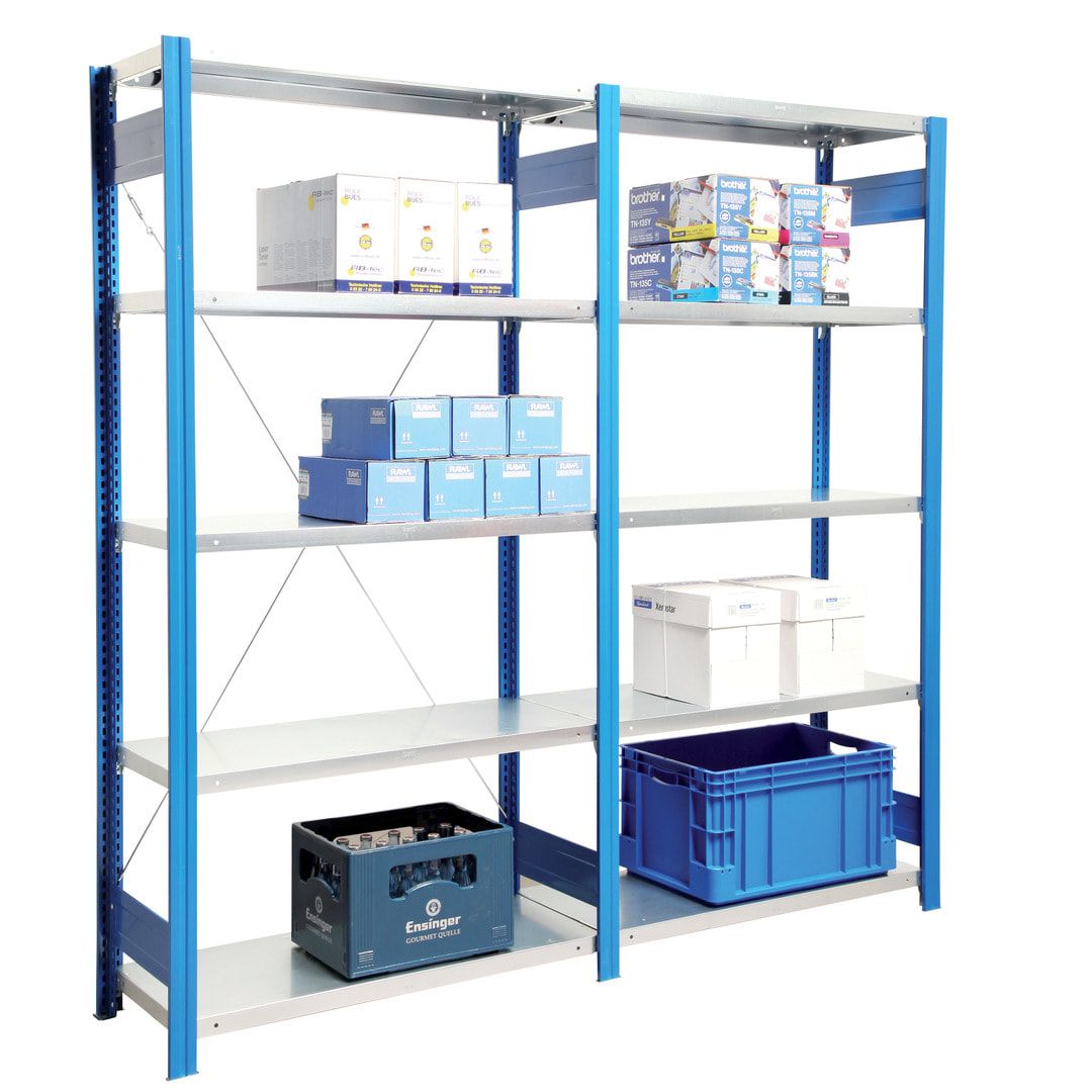 Fachbodenregal mit Tiefenriegel - 350 kg - 2.500 x 875 x 526 mm (HxBxT) - Anbauregal - 6 Böden - enzianblau - Lagerregal - Steckregal BERT
