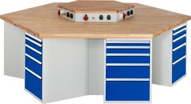 Gruppenarbeitsplätze, Gruppenwerkbank, Buche, Höhe 840 mm, mit Energieaufsatz, Unterbau-Container, 5 Schubladen - Farbe wählbar