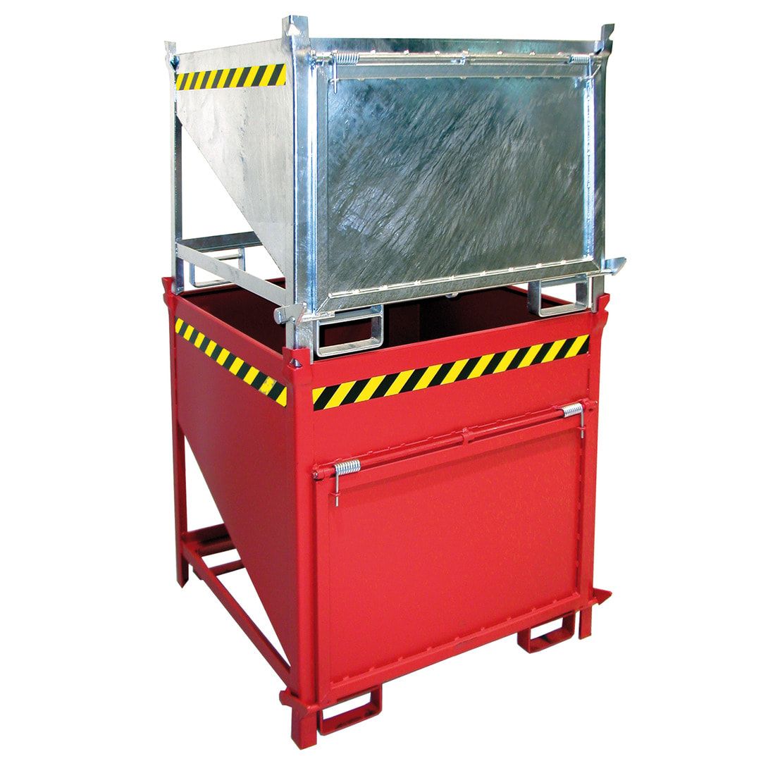 BAUER Schüttgutbehälter - Silobehälter - 500 l, 750kg - Farbe feuerrot, stirnseitige Klappe, Einfahrtaschen für Gabelstapler