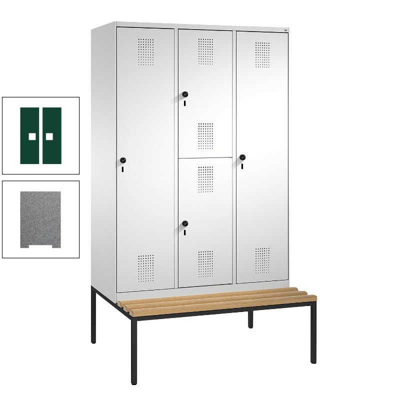 Garderobenschrank, Spind ein- und doppelstöckig Sitzbank, 3 Abteile, 4 Fächer, 2.090x1.200x500 mm (HxBxT), Front anthrazitgrau, Korpus anthrazitgrau