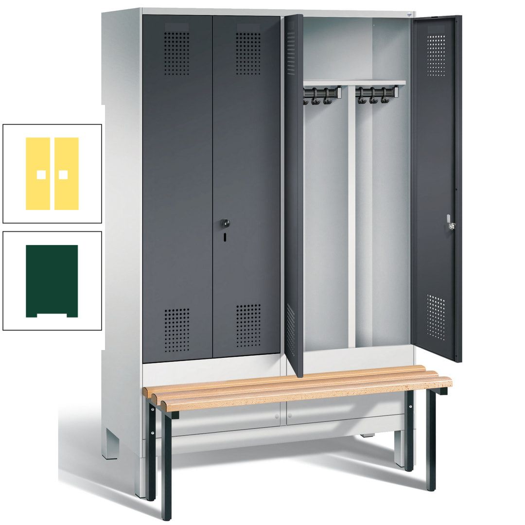 Doppel-Spind, Garderobenschrank, Buche Sitzbank vorgebaut, 4 Abteile a 300 mm, Korpus feuerrot, Tür Wasserblau, 1.850 x 1.200 x 815 mm (HxBxT)