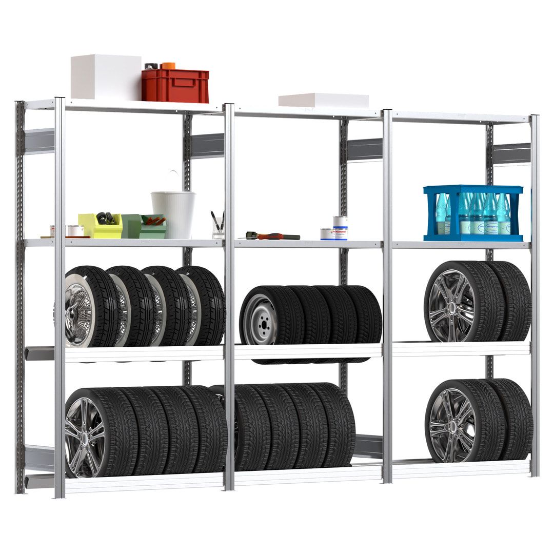 Garagenregal - 3 Felder Set - Räderregal - 250 kg - 2.000 x 3.071 x 400 mm (HxBxT) - 4 Fachebenen - Steckregal BERT