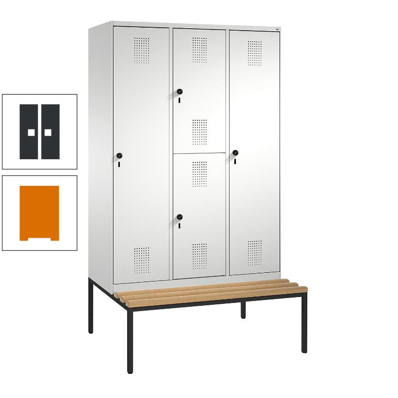 Garderobenschrank, Spind ein- und doppelstöckig Sitzbank, 3 Abteile, 4 Fächer, 2.090x1.200x500 mm (HxBxT), Front anthrazitgrau, Korpus anthrazitgrau