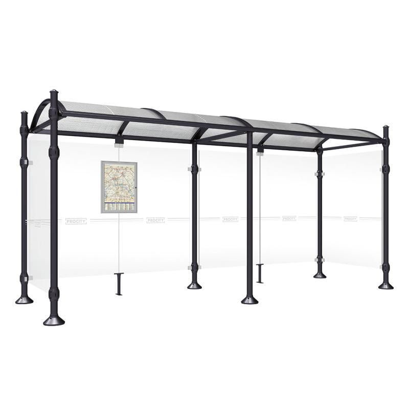 Buswartehalle, Unterstand, 2 Seitenwände, Kopf gebürsteter Edelstahl, ESG, Fahrplanschaukasten, 2.500 x 2.500 x 1.600 mm (HxBxT), Farbe enzianblau