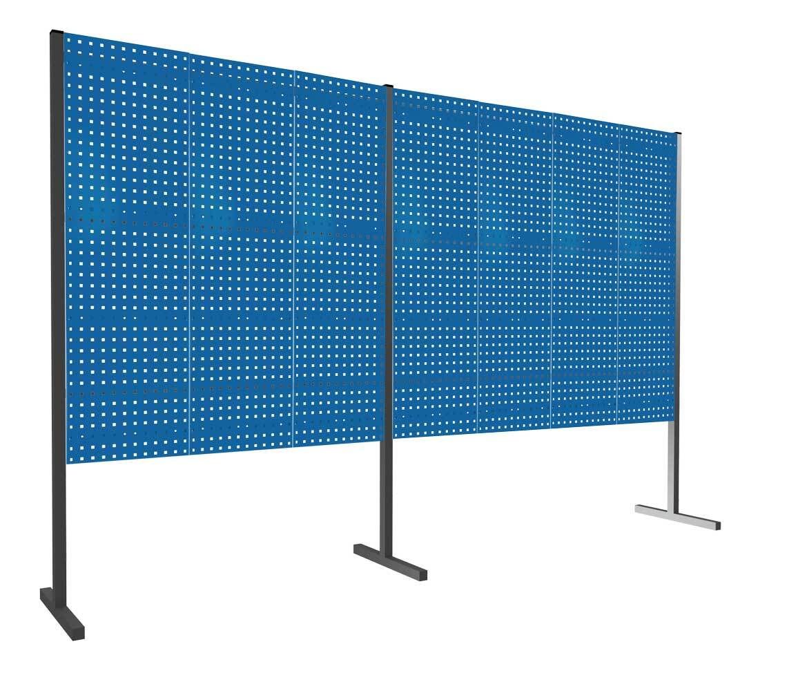 Modulare Trennwand, Werkzeugwand, Doppelfeld 180 Grad, 6 Lochplatten, Plattenhöhe 1.500 mm, 2.000 x 3.000 mm (HxB), Anthrazitgrau (RAL 7016)