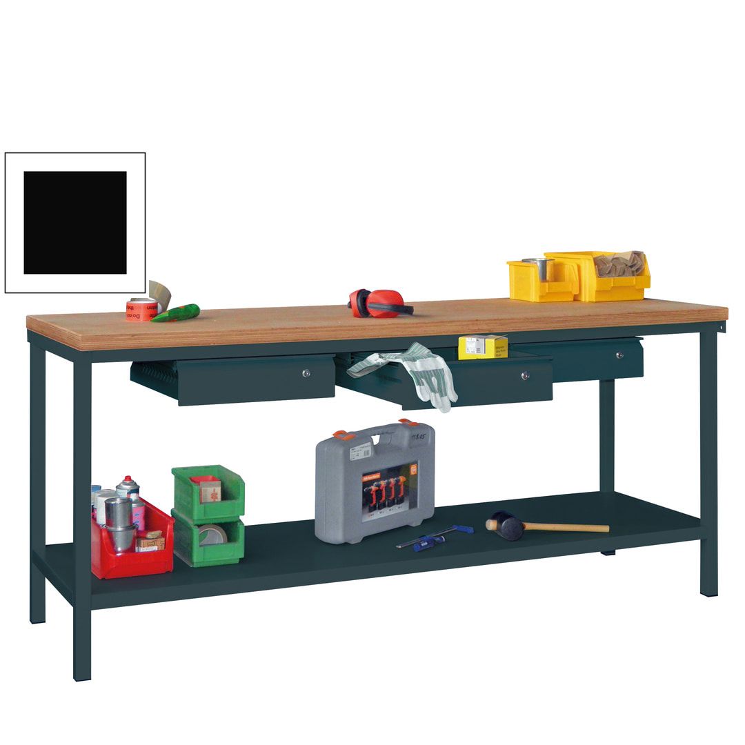 Werkbank mit Ablageboden - 3 Schubladen - 900 x 2.000 x 700 mm (HxBxT) - anthrazitgrau