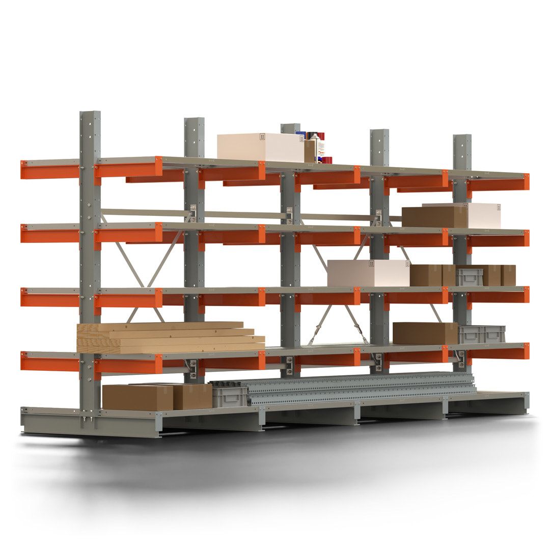 Doppelseitiges Kragarmregal mit Fachböden, 2 Felder, 2.000 x 2.000 (HxB), Nutztiefe 1.000 mm, Kragarmlast 450 kg, KARL basic, silbergrau/reinorange
