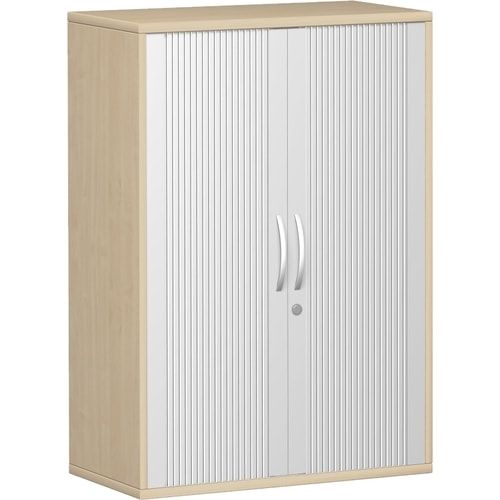 Querrollladenschrank, Dekoreinlageboden, Metallsockel/Standfüße, abschließbar, 1.152 x 1.000 x 425 mm (HxBxT), Korpusfarbe Ahorn, Frontfarbe silber