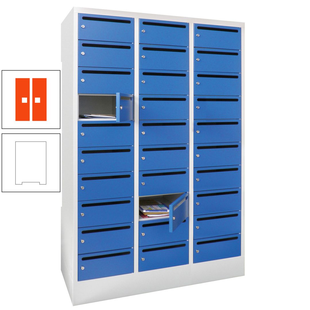 Postverteilerschrank, Schließfachschrank, 3 Abteile a 300 mm, 30 Fächer, 1.850 x 900 x 500 mm (HxBxT), Korpus anthrazitgrau, Front anthrazitgrau